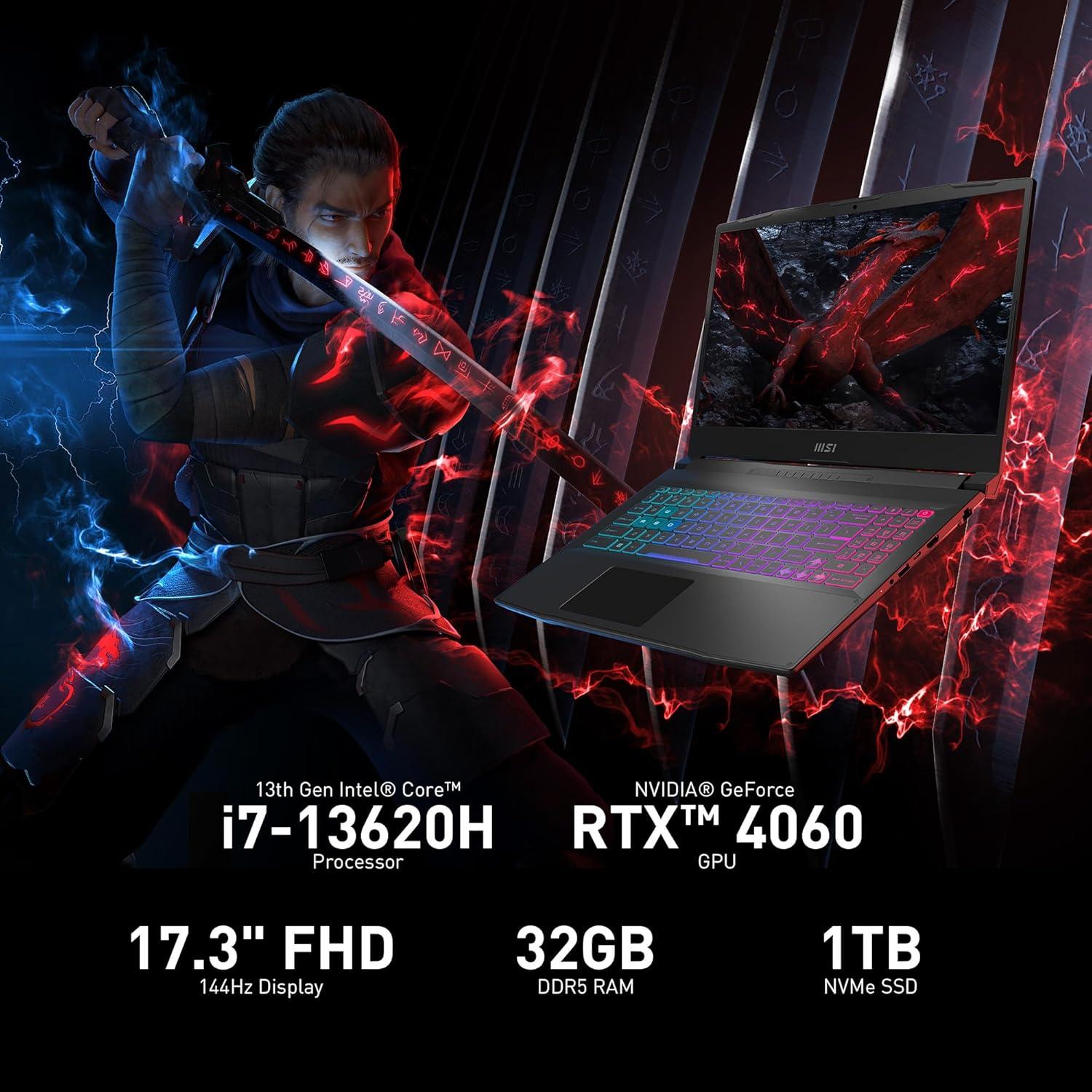 imageMSI Katana 17 Gaming Laptop 13th Gen Intel Core i7 GeForce RTX 4060 173quot 144Hz FHD Display 32GB DDR5 1TB NVMe SSD USBType C Cooler Boost 5 Win11 Home Black B13VFK835US13th Gen i7